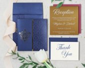 Blue Shimmery Damask Themed - Foil Stamped Wedding Card