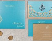 Moderate Orange Shimmery Damask Themed Laser Cut Wedding Card