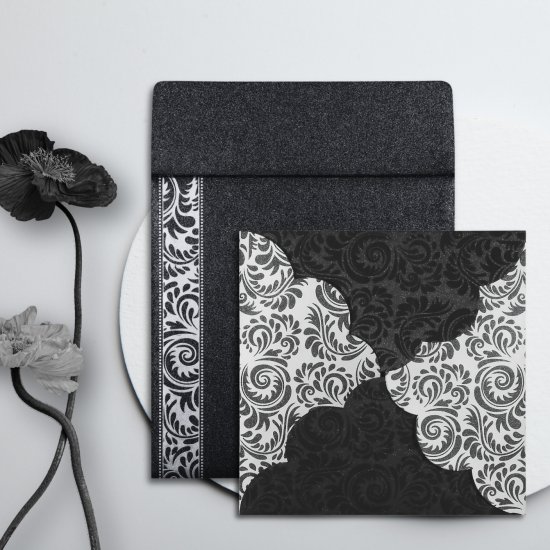 Black Shimmery Floral Themed - Screen Printed Wedding Card