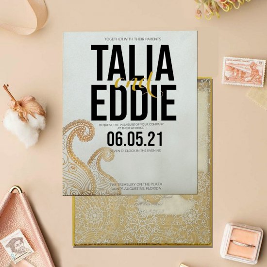 Gold Off-White Shimmery Paisley Themed Wedding Invitation