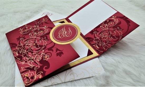 Wine Red Shimmery Floral Themed Wedding Invitation