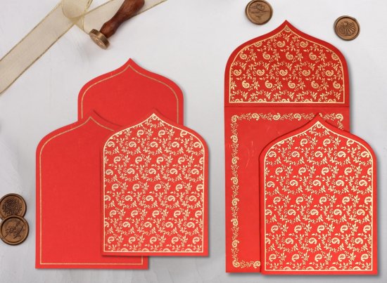 Red Handmade Silk Paisley Themed - Glitter Wedding Invitation
