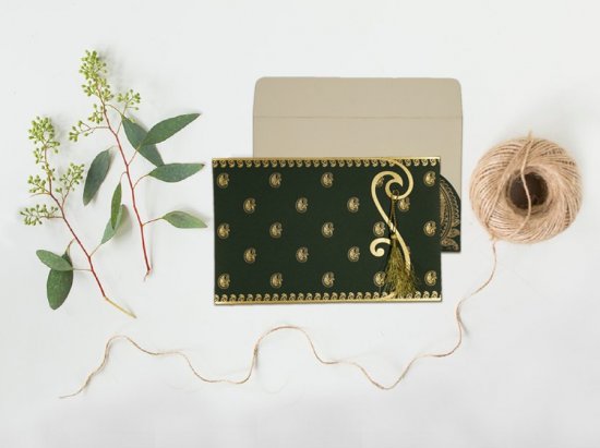 Dark Green Matte Paisley Themed Wedding Invitation