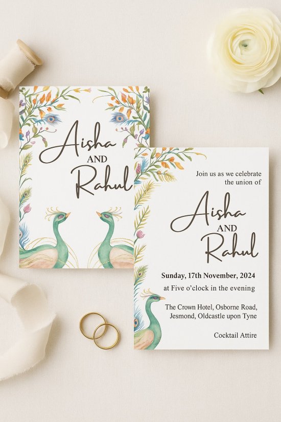 White Handmade Cotton Peacock Themed Wedding Invitation: Peacock-Green