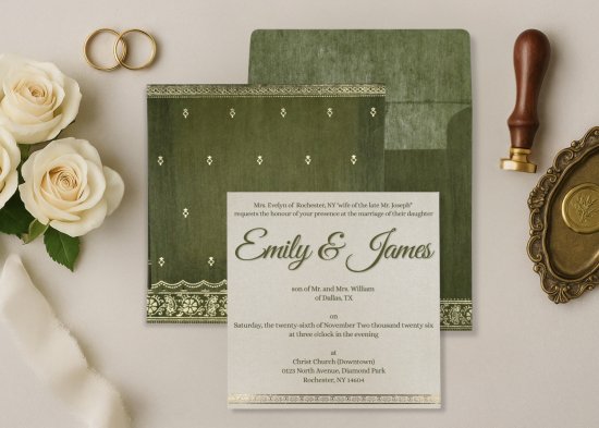 Dark Olive Green Wooly Foil Stamped Wedding Card