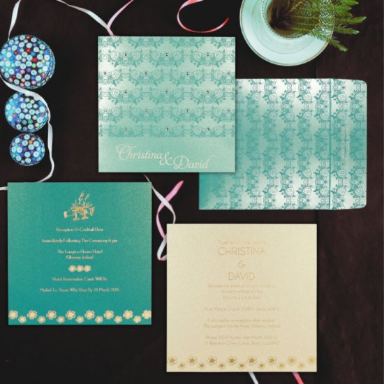 Turquoise Shimmery Butterfly Themed - Screen Printed Wedding Card