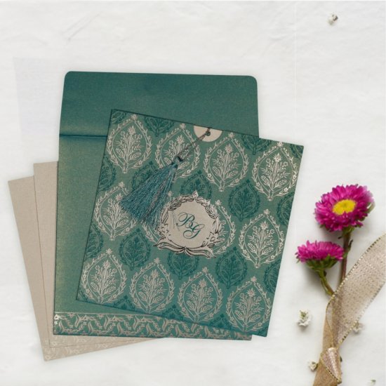Teal Blue Shimmery Unique Themed - Foil Stamped Wedding Card