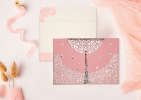 Baby Pink Handmade Cotton Embossed Wedding Card