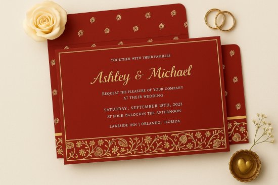 Red Handmade Cotton Screen Printed Wedding Card
