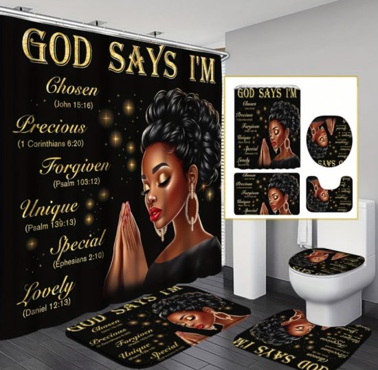 4Pcs African Girl Prayer Bathroom Shower Curtain Set