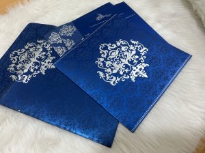Blue Shimmery Damask Themed Wedding Card