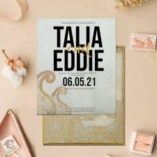 Gold Off-White Shimmery Paisley Themed Wedding Invitation