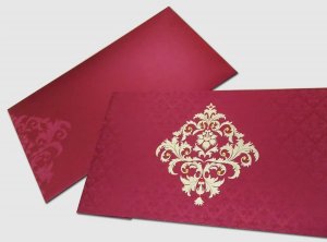 Moderate Red Shimmery Damask Themed - Screen Printed Wedding Card