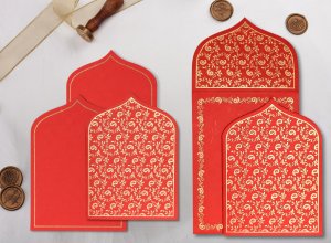 Red Handmade Silk Paisley Themed - Glitter Wedding Invitation
