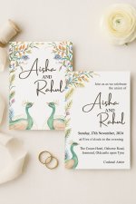 White Handmade Cotton Peacock Themed Wedding Invitation: Peacock-Green