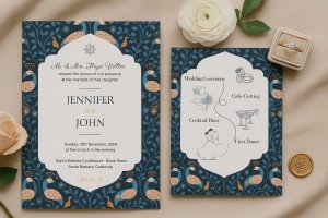 Blue Matte Peacock Themed Wedding Invitation: Indian-Style