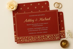 Red Handmade Cotton Screen Printed Wedding Card